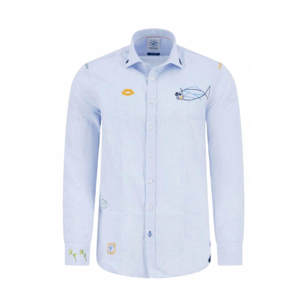 NEW A FISH NAMED FRED men's embroidered long sleeve shirt in blue